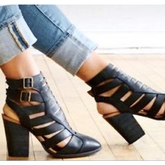 Free People Shoes - FREE PEOPLE Hayes Black Leather Strappy Block Heel Boots/Sandals Shoes 37/6.5